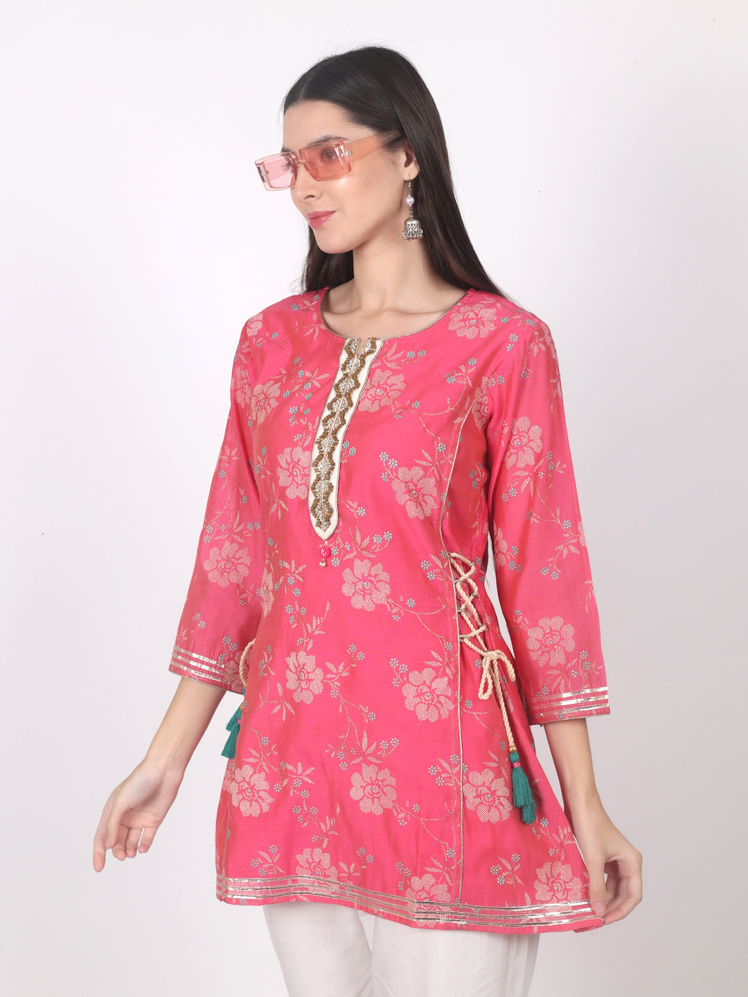 Women's Chanderi silk top with Side Dori (Pink)