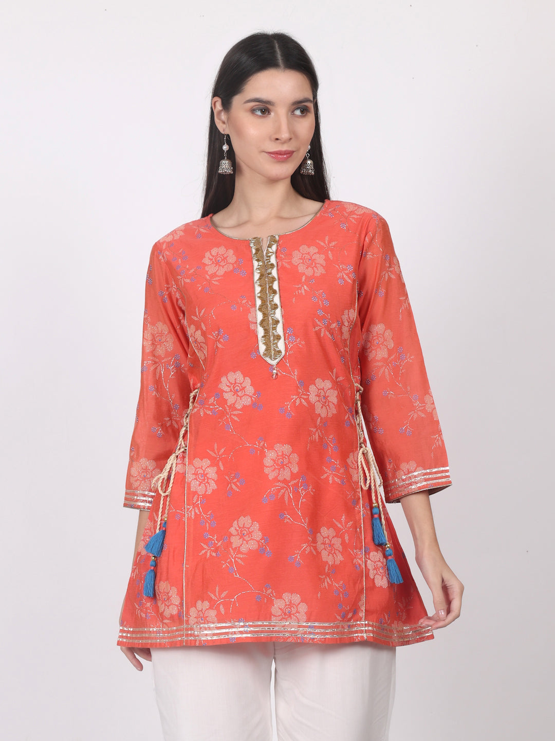 women's Chanderi silk top with Side Dori (Orange)