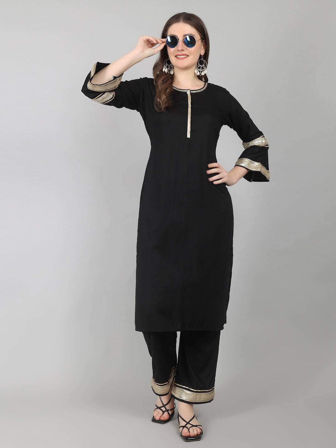 Women's Viscose Rayon Black Suit with Lace work