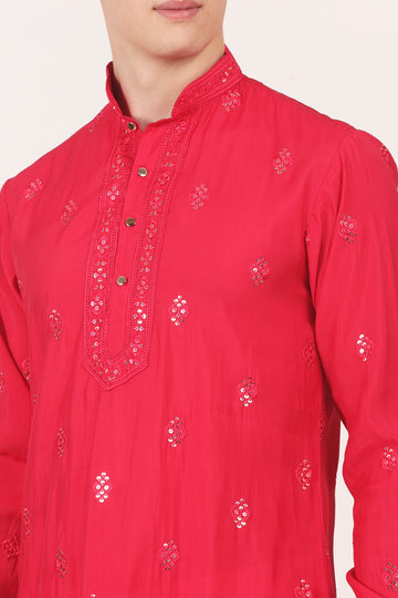 Men's Viscose Silk Kurta, Full Sleeves, Cuffs, embroidery around the neck (Dark Pink)