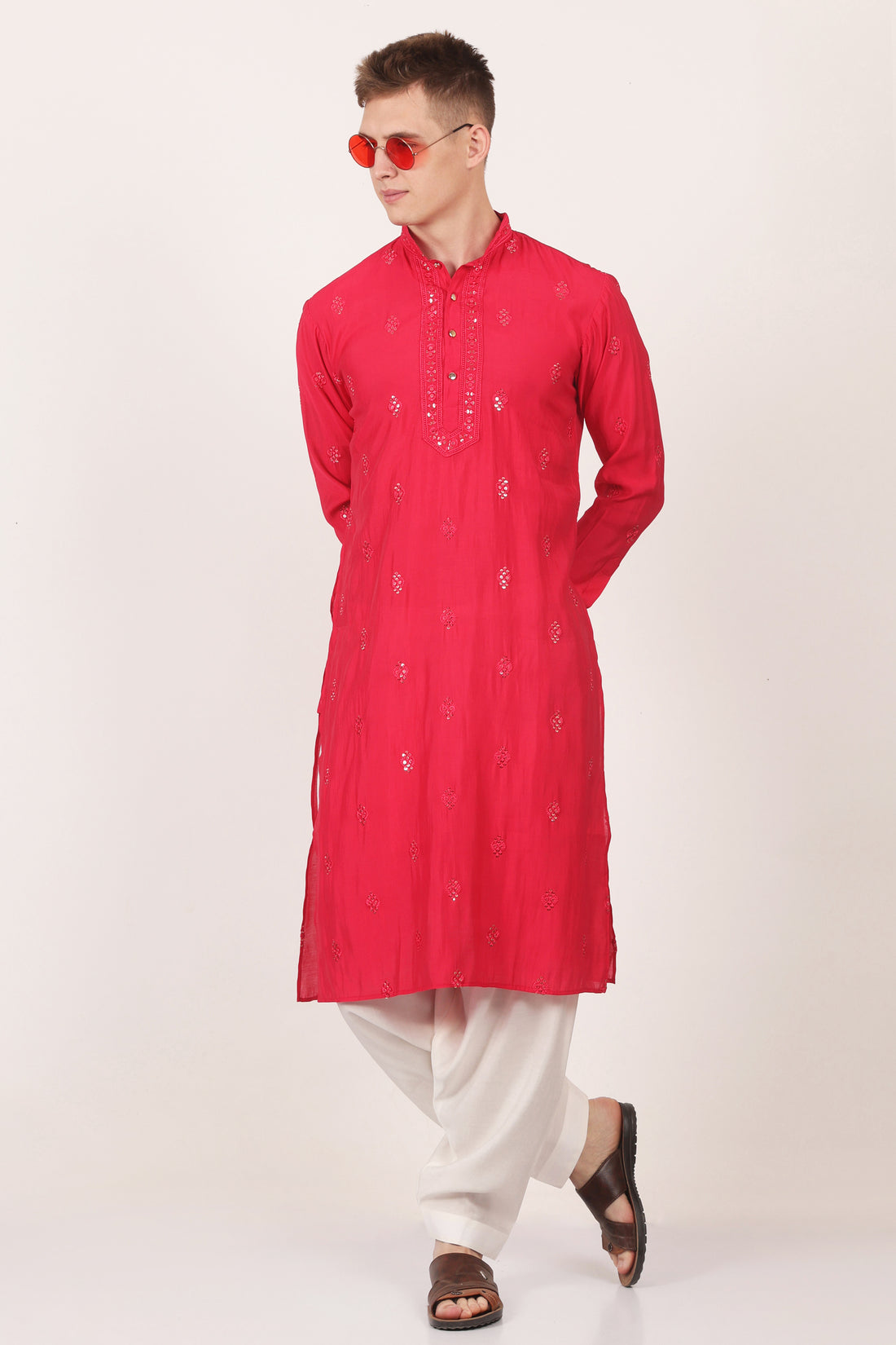 Men's Viscose Silk Kurta, Full Sleeves, Cuffs, embroidery around the neck (Dark Pink)