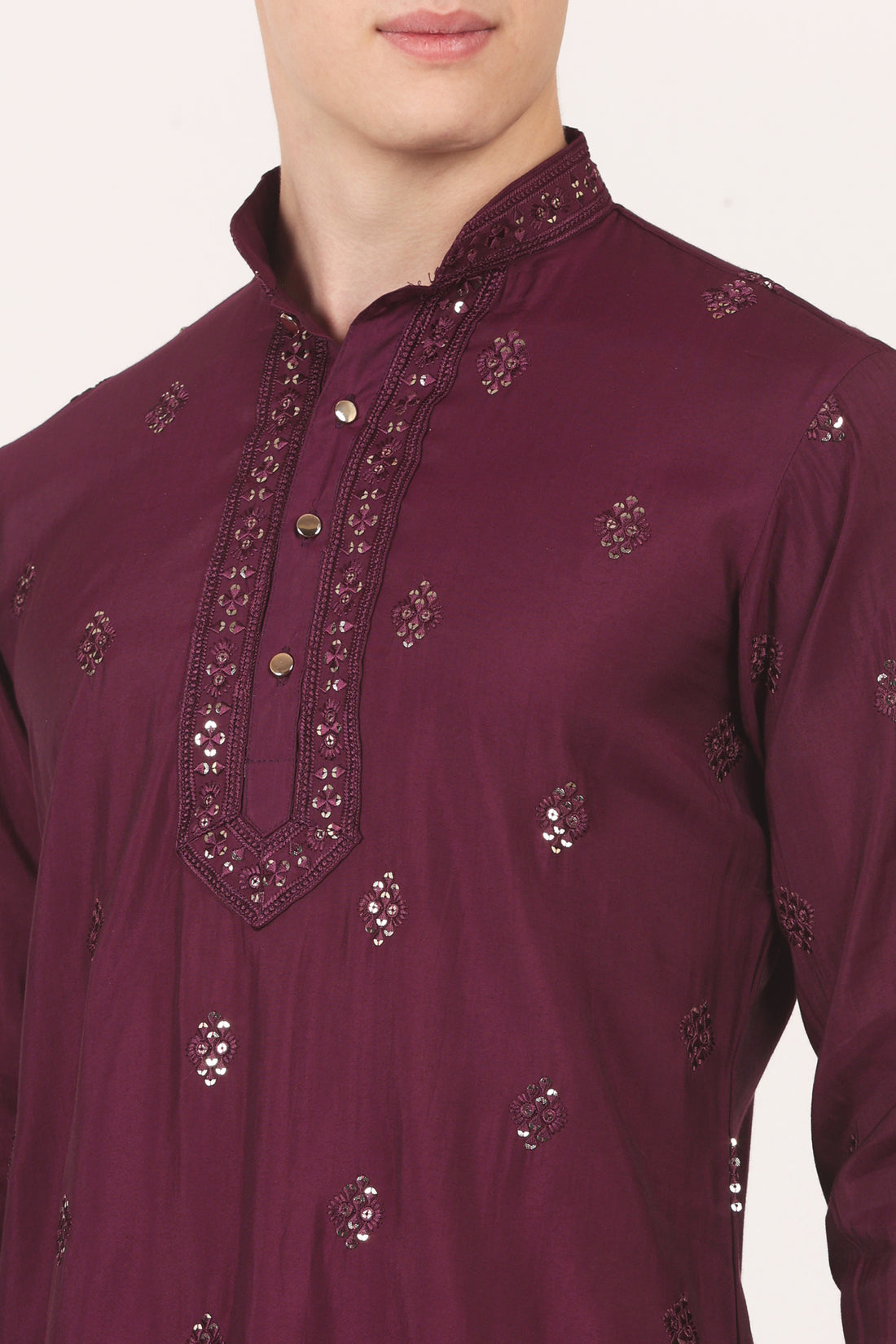 Men's Viscose Silk Kurta, Full Sleeves, Cuffs, embroidery around the neck (Violet)