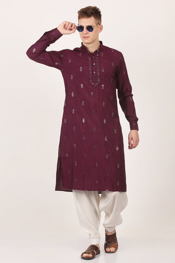 Men's Viscose Silk Kurta, Full Sleeves, Cuffs, embroidery around the neck (Violet)