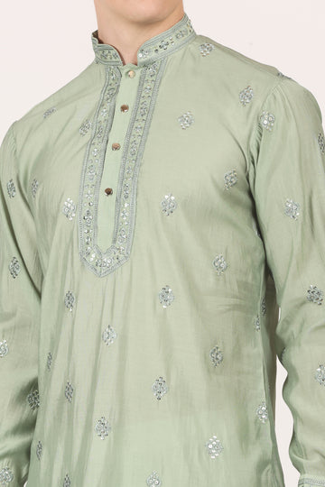 Men's Viscose Silk Kurta, Full Sleeves, Cuffs, embroidery around the neck (Pistachio green)