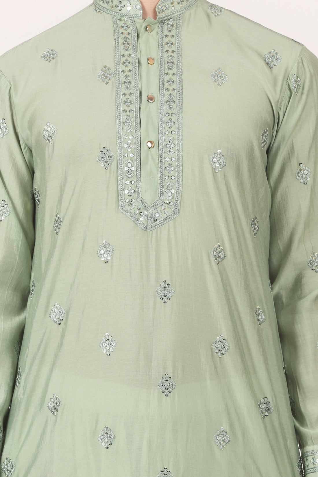 Men's Viscose Silk Kurta, Full Sleeves, Cuffs, embroidery around the neck (Pistachio green)