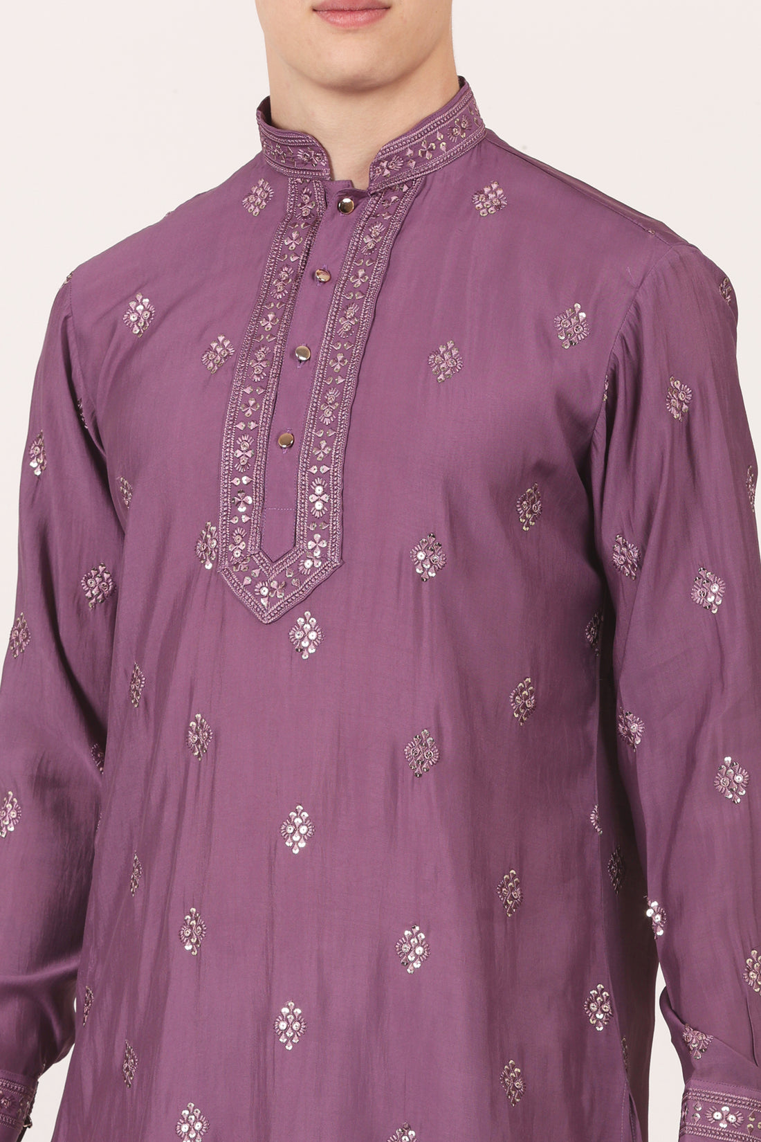 Men's Viscose Silk Kurta, Full Sleeves, Cuffs, embroidery around the neck (Purple)