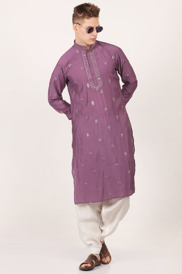 Men's Viscose Silk Kurta, Full Sleeves, Cuffs, embroidery around the neck (Purple)