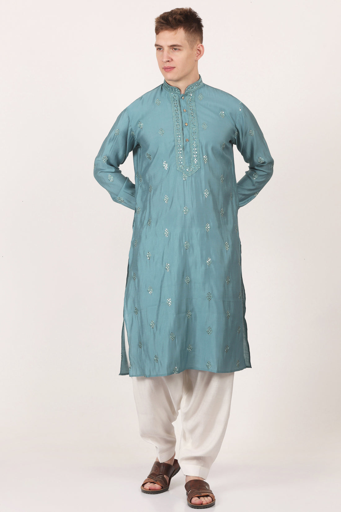 Men's Glacier Blue Silk Kurta with Bottom