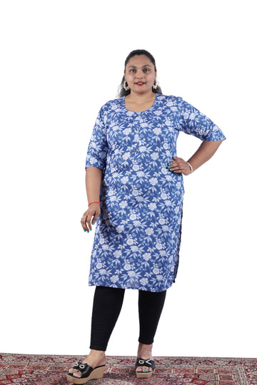 Rayon Blue Color With Floral Print Plus Size Kurti