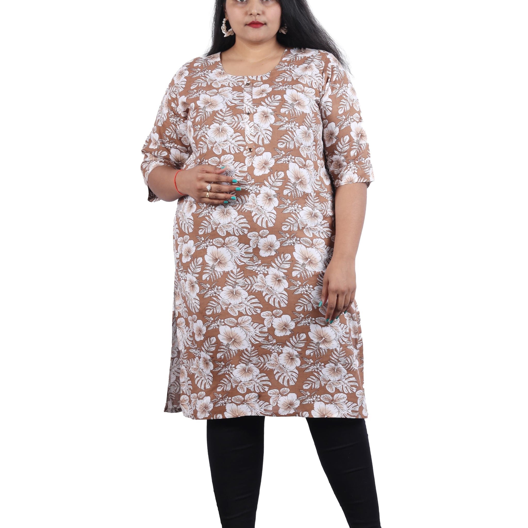 Rayon Brown Color with Floral Print Plus Size Kurti