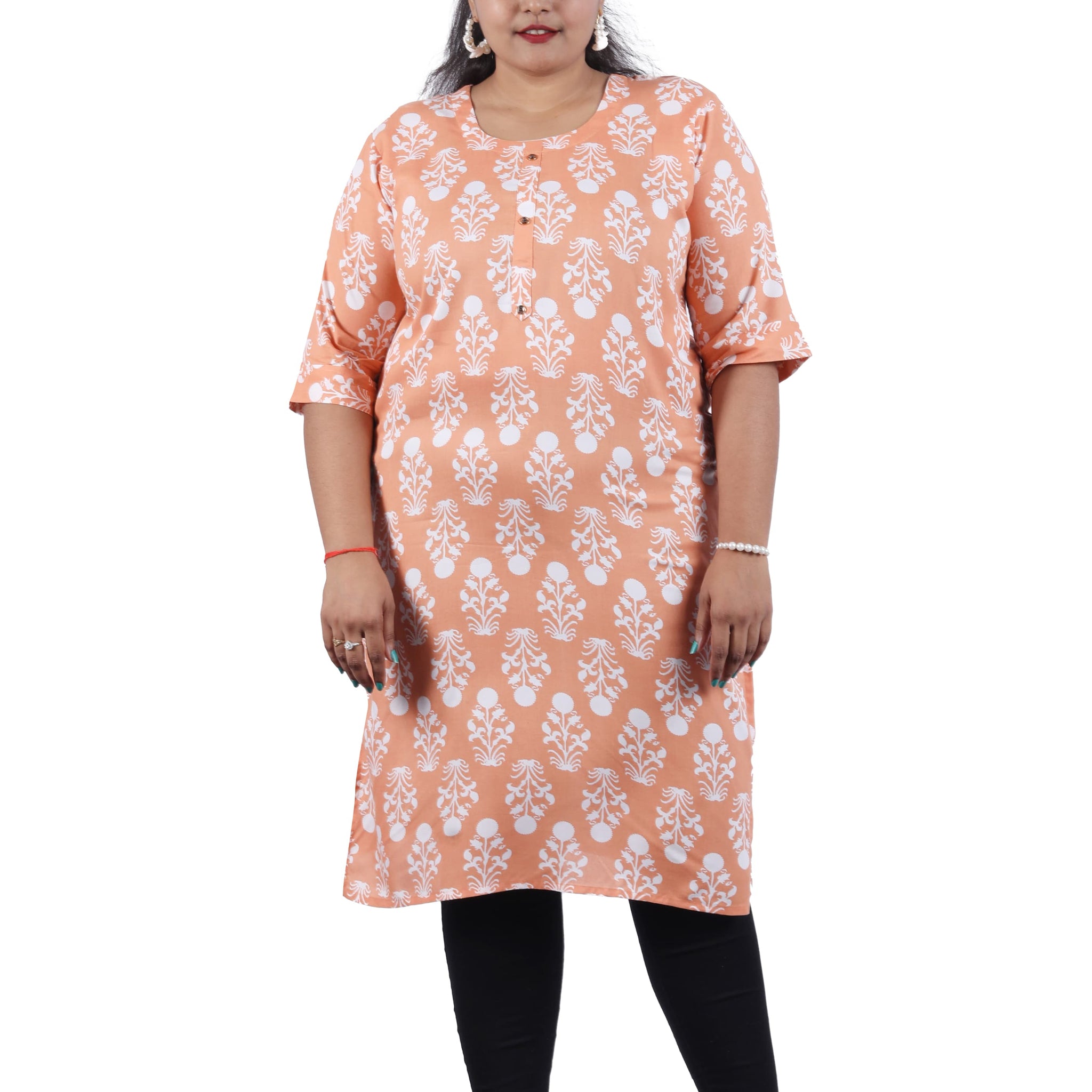 Rayon Peach color With Floral Print Plus Size Kurti