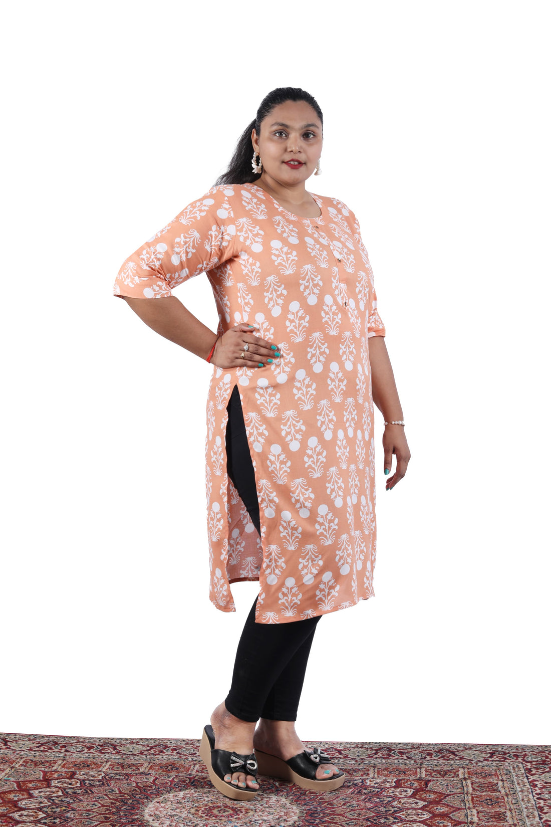 Rayon Peach color With Floral Print Plus Size Kurti