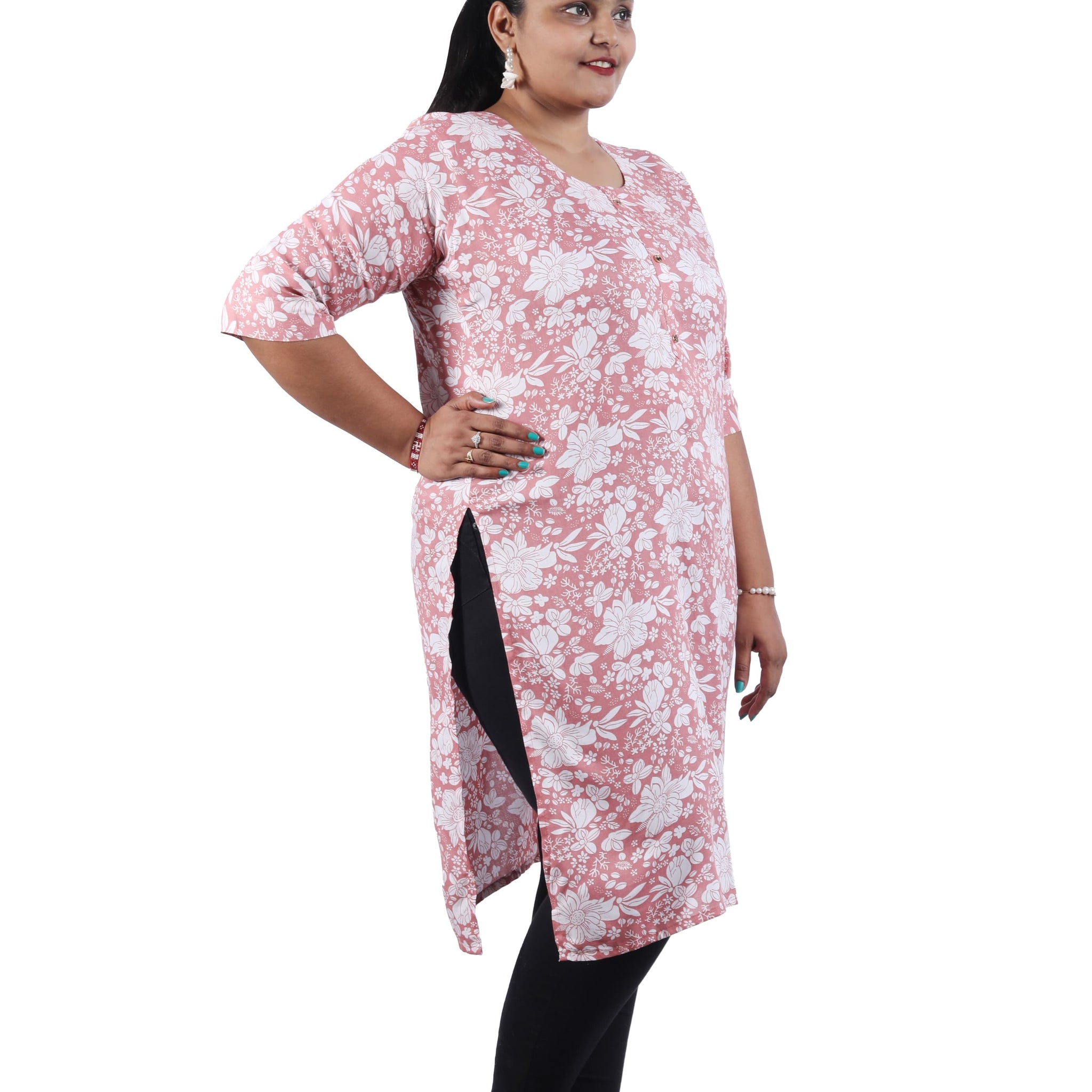 Rayon Rose Gold Color With Floral Print Plus Size Kurti