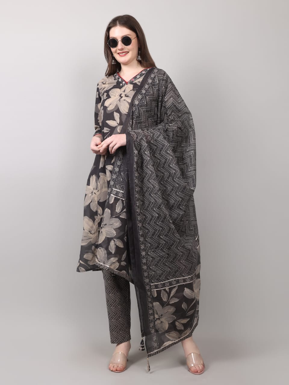 Pure Cotton Kurti Set with Teeki Thread Work & Gota Patti Dupatta